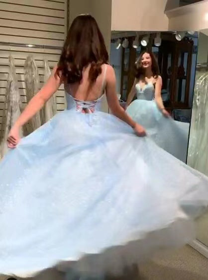 sparkly a line spaghetti straps light blue long prom dresses