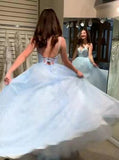 sparkly a line spaghetti straps light blue long prom dresses