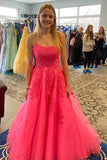 Hot Pink Tulle Lace Applique Long Prom Dresses, A-Line Graduation Gown GP564