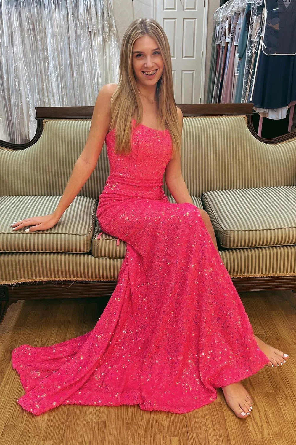 charm hot pink sequins mermaid prom dress lace up back evening gown
