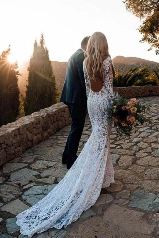 Backless Mermaid Lace Wedding Dresses, Long Sleeve Boho Bridal Gowns PW111