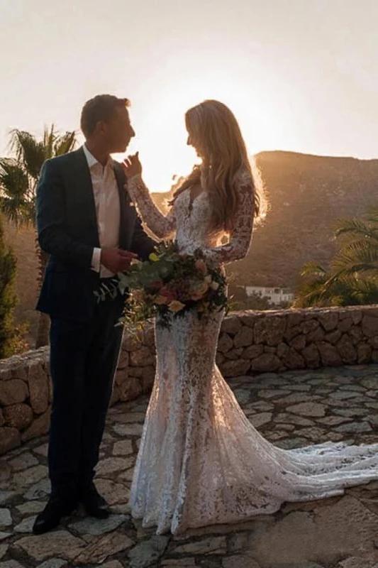 Backless Mermaid Lace Wedding Dresses, Long Sleeve Boho Bridal Gowns PW111
