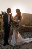 Backless Mermaid Lace Wedding Dresses, Long Sleeve Boho Bridal Gowns PW111