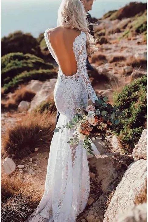 Backless Mermaid Lace Wedding Dresses, Long Sleeve Boho Bridal Gowns PW111