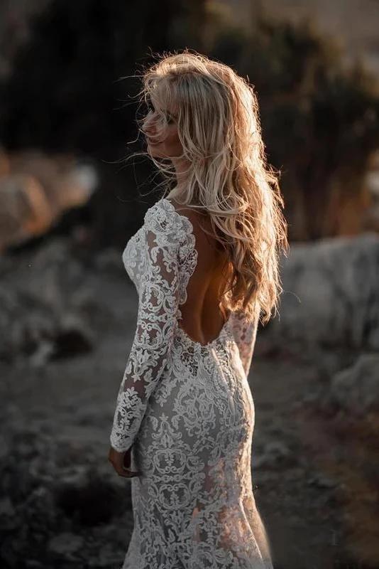 Backless Mermaid Lace Wedding Dresses, Long Sleeve Boho Bridal Gowns PW111