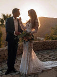 Backless Mermaid Lace Wedding Dresses, Long Sleeve Boho Bridal Gowns PW111