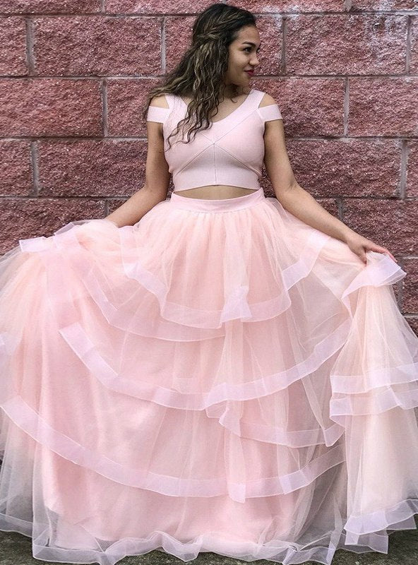 princess sweet 16 dress with layered two piece v neck tulle pink prom dress