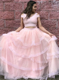 princess sweet 16 dress with layered two piece v neck tulle pink prom dress
