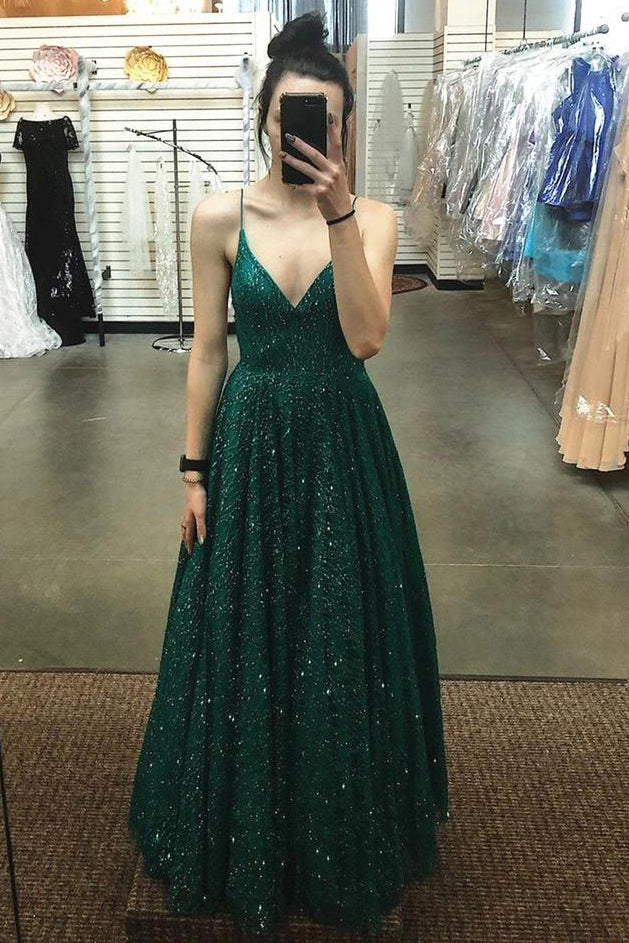 Sparkly A Line V Neck Dark Green Backless Prom Dresses Sequins Evening Dress MP24