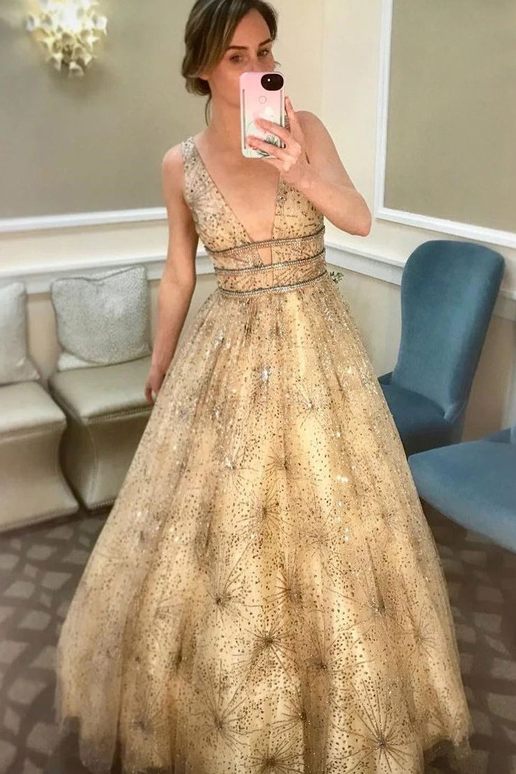 Sparkly A-line V-neck Tulle Beading Starry Night Prom Dresses MP116