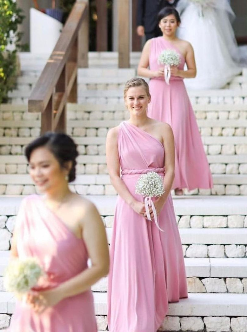 flowy one shoulder floor length pink bridesmaid dresses