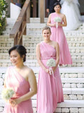 flowy one shoulder floor length pink bridesmaid dresses