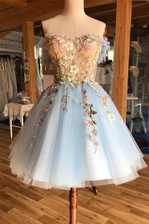 light sky blue sweetheart appliques short prom homecoming dress