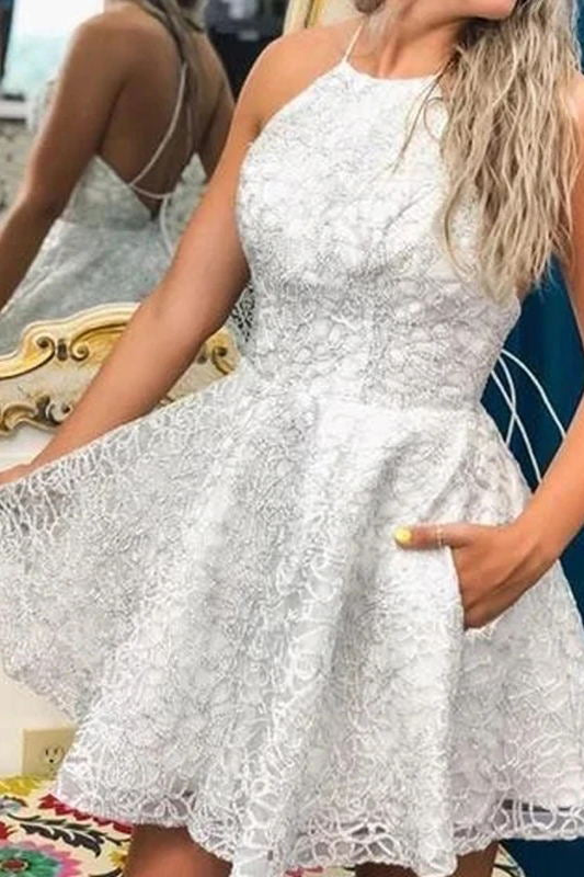 cute a line halter lace short backless homecoming dresses