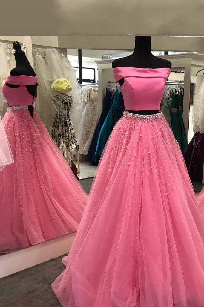 off shoulder two piece tulle pink teens prom dresses with beaded