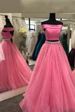 off shoulder two piece tulle pink teens prom dresses with beaded