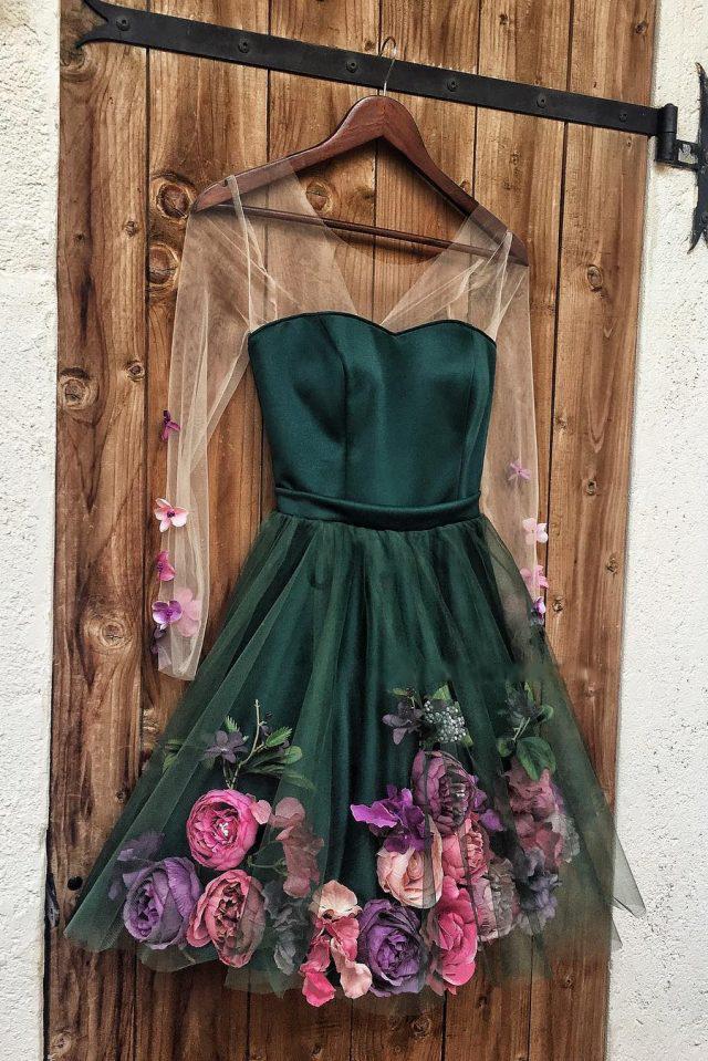 Blue Short Prom Dresses Long Sleeve Homecoming Dress With 3D Appliques GM17
