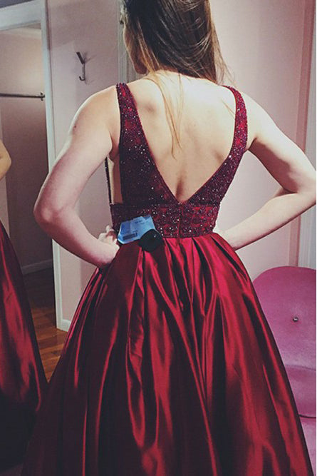 burgundy prom dress long v neck beading formal evening gown