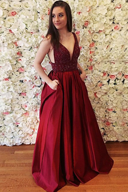 burgundy prom dress long v neck beading formal evening gown