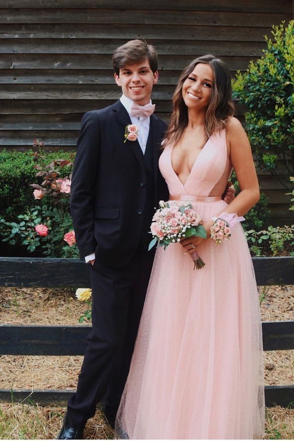 sparkly light blue a line tulle prom dress deep v neck long formal dress