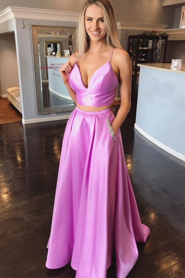 two piece prom dress spaghetti straps with beading pockets