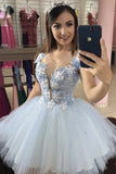 Tulle Light Blue Sweet 16 Dress Applique Homecoming Dress With Beaded GM335