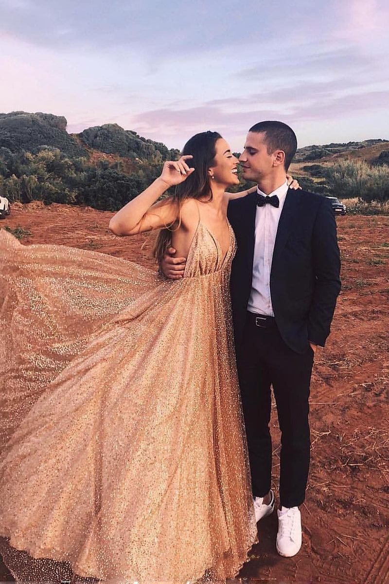 sparkly long prom dress spaghetti v neck backless sequin evening gown