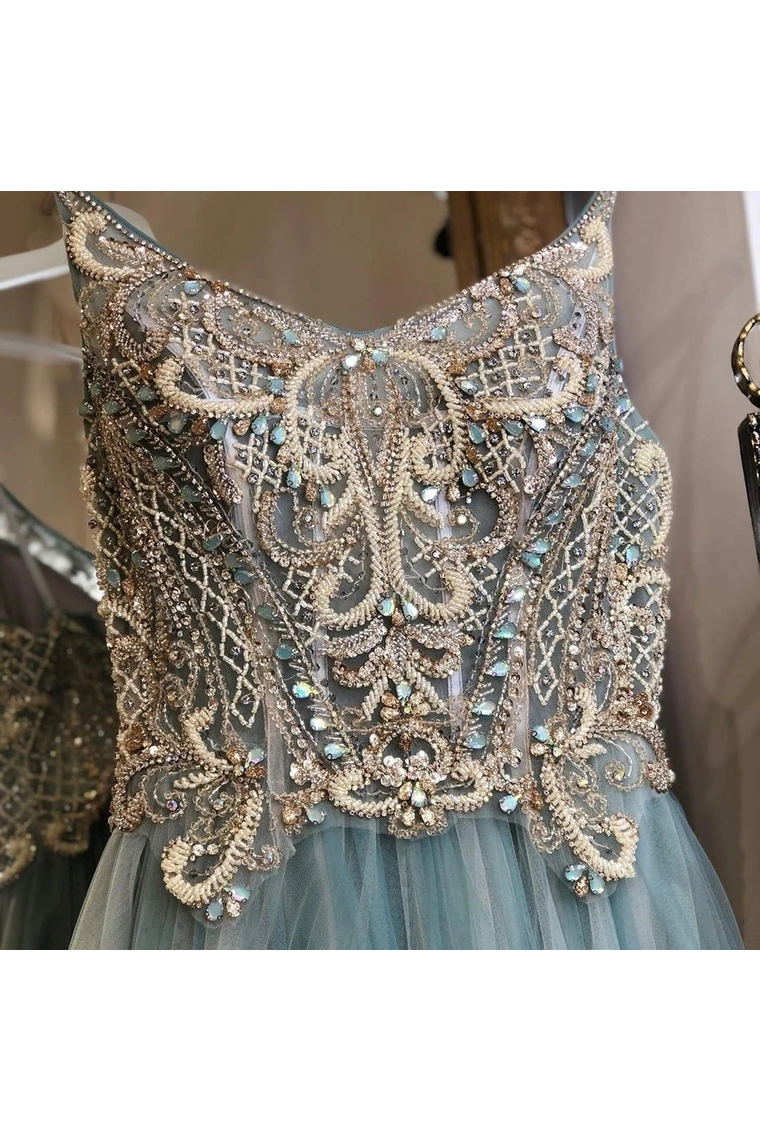 a line tulle long prom dress beading bodice with spaghetti straps