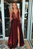 burgundy long prom dress pockets sleeveless formal dress with appliques
