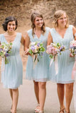 A-Line V-Neck Knee-Length Mint Blue Chiffon Bridesmaid Dresses PB103