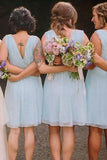 a line v neck knee length mint blue chiffon bridesmaid dresses