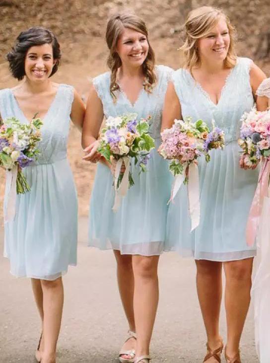 a line v neck knee length mint blue chiffon bridesmaid dresses