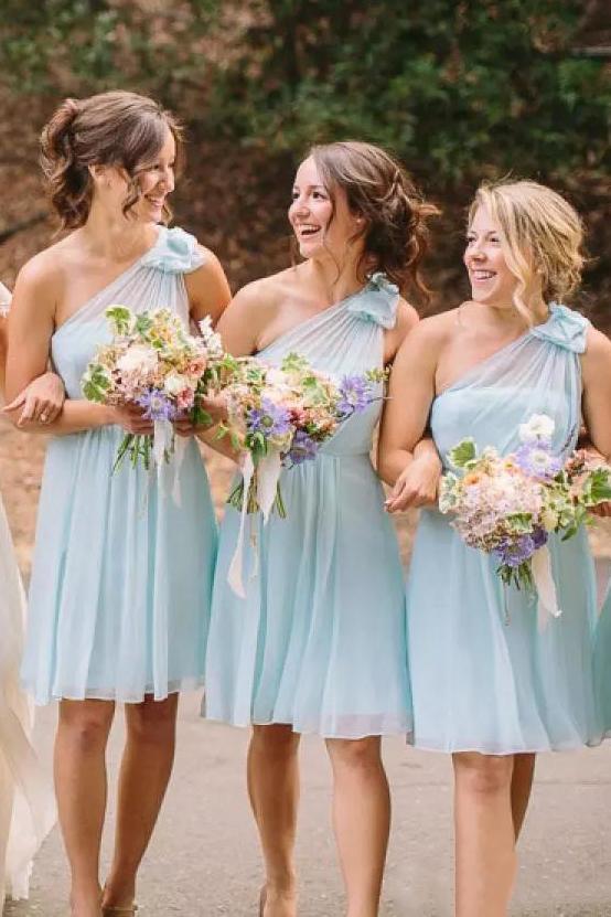 one shoulder mint blue chiffon a line short bridesmaid dresses