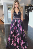A-Line V-neck Floral Print Black Long Prom Dress Backless Formal Gown GP25