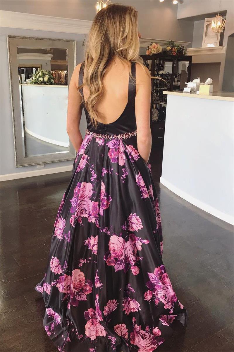 a line v neck floral print black long prom dress backless formal gown