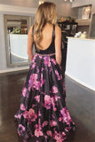 a line v neck floral print black long prom dress backless formal gown