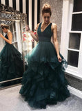 Dark green tulle backless prom dresses, long evening dress mg178