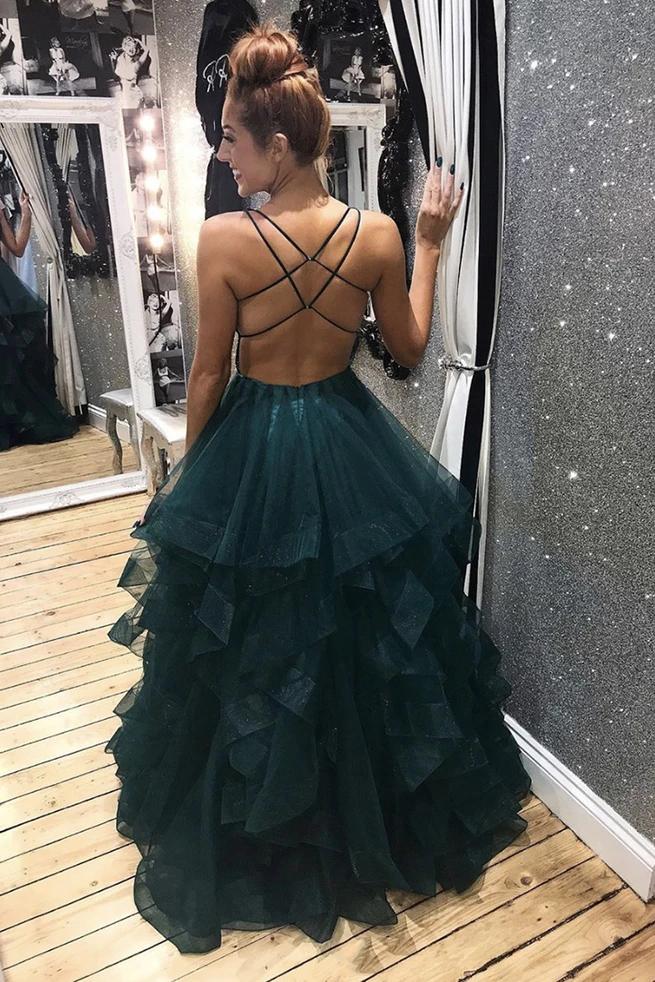 Dark green tulle backless prom dresses, long evening dress mg178