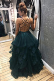Dark green tulle backless prom dresses, long evening dress mg178
