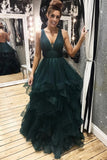 Dark Green Tulle Backless Prom Dresses, Long Evening Dress MG178