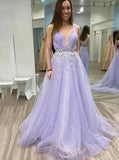 A line v neck tulle lace appliques long lilac prom dress, cheap formal dress mg163