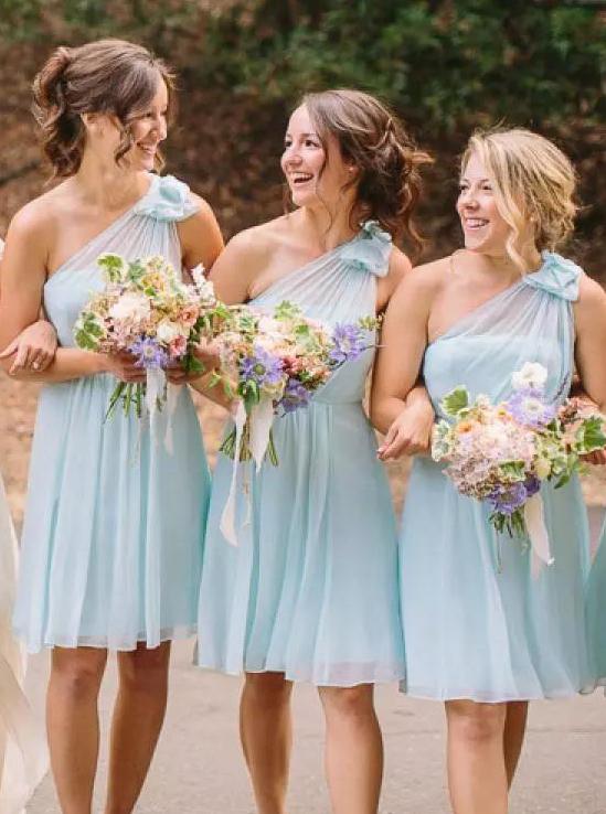 one shoulder mint blue chiffon a line short bridesmaid dresses
