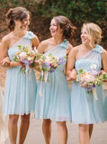 one shoulder mint blue chiffon a line short bridesmaid dresses