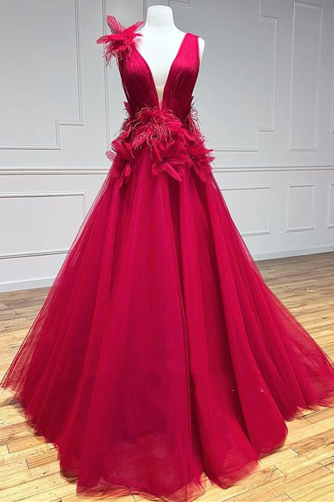 plunging neck a line red tulle long prom dress with 3d floral appliques
