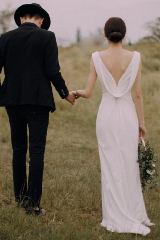 simple ivory sheath wedding dress cowl back sleeveless bridal gown