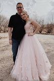 pink two piece prom dress with appliques elegant lace tulle formal dress