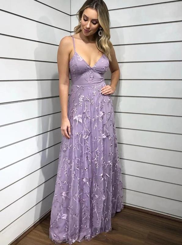 Spaghetti-straps V-neck Lace Appliques Lilac Long Prom Dresses MP160