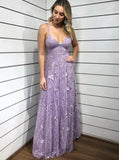 Spaghetti-straps V-neck Lace Appliques Lilac Long Prom Dresses MP160