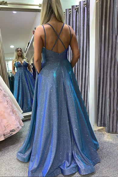 sparkly long prom dresses with pockets a line blue formal dress