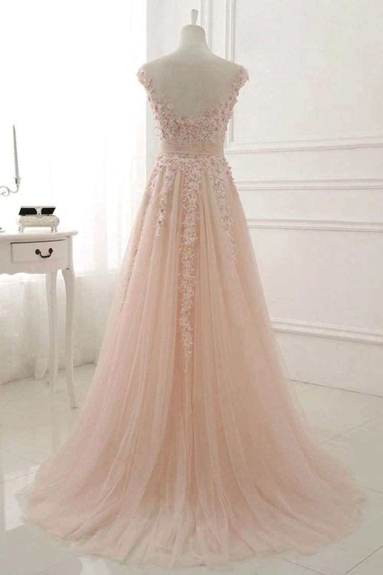 a line sheer neck cap sleeves tulle prom dresses with appliques